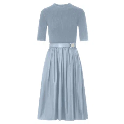 ROCH PEREL WOMEN'S BLUE / SILVER BLUE KNIT AND TAFFETA MIDI BUCKLE DRESS
