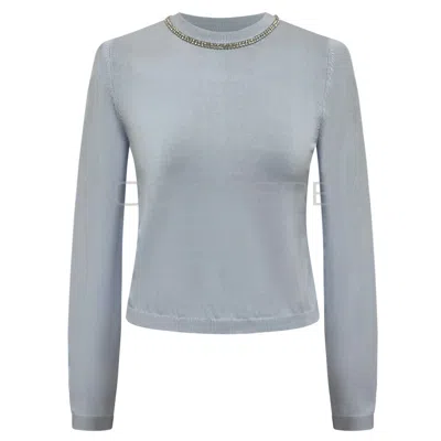 ROCH PEREL WOMEN'S BLUE / SILVER RHINESTONE NECK BUTTON BACK SWEATER