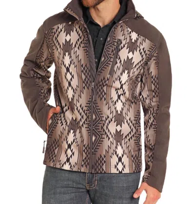 ROCK & ROLL DENIM AZTEC PRINTED SOFTSHELL JACKET IN BROWN