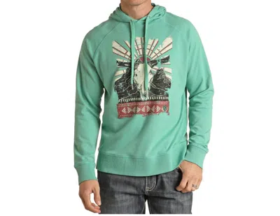 ROCK & ROLL DENIM BULL SKULL GRAPHIC HOODIE IN TURQOISE