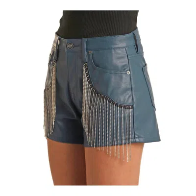 ROCK & ROLL DENIM HIGH RISE FAUX LEATHER & RHINESTONE FRINGE SHORT IN TEAL