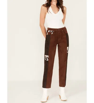 ROCK & ROLL DENIM HIGH RISE SUEDE PATCHWORK STRAIGHT CROPPED JEANS IN BROWN MULTI