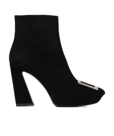ROGER VIVIER VIV' SQUARE METAL BUCKLE PLATFORM ANKLE BOOTS IN SUEDE