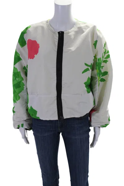 ROHKA WOMENS FRONT ZIP ABSTRACT CROPPED SUMMER BOMBER JACKET WHITE ONE