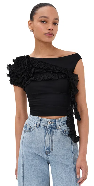 ROKH FLOWER DRAPED OFF SHOULDER TOP BLACK