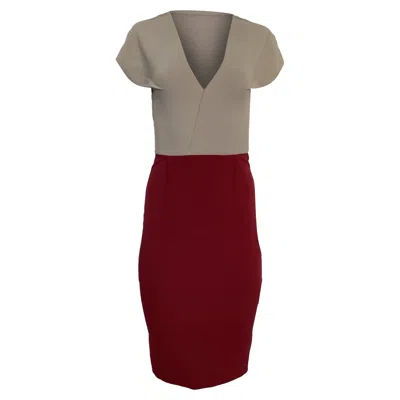 ROLAND MOURET COLORBLOCK V-NECK DRESS IN BEIGE POLYESTER