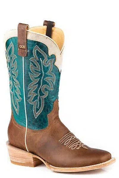 ROPER ROPER WOMENS RIDE EM COWGIRL CCS TAN/TURQUOISE LEATHER COWBOY BOOTS