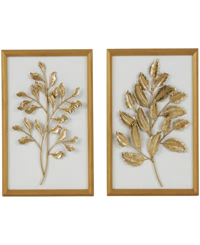 ROSEMARY LANE GOLD WOOD LEAF 3D WALL DECOR WITH BEVELED FRAME, SET OF 2 13"W, 17"H