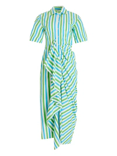 ROSIE ASSOULIN GATHERED-RUFFLE STRIPED MIDI SHIRT DRESS