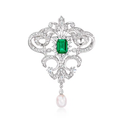 ROSS-SIMONS 6-6.5MM CULTURED PEARL AND SIMULATED EMERALD VINTAGE-STYLE PIN WITH CZS IN STERLING SILVER