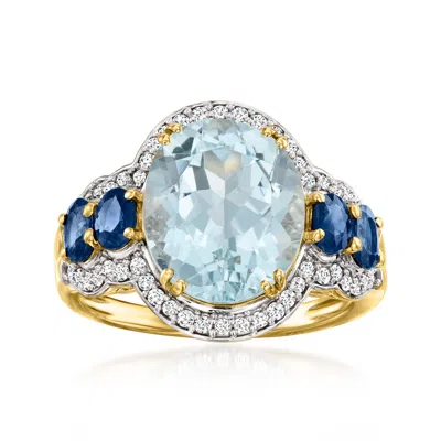 ROSS-SIMONS AQUAMARINE AND SAPPHIRE RING WITH . DIAMONDS IN 14KT YELLOW GOLD