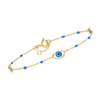 ROSS-SIMONS ITALIAN BLUE AND BLACK ENAMEL EVIL EYE STATION BRACELET IN 14KT YELLOW GOLD