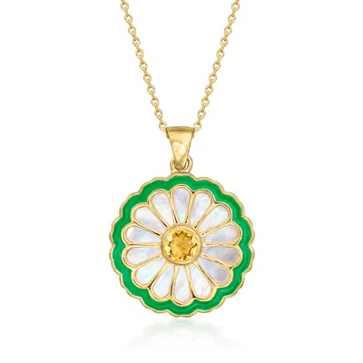 ROSS-SIMONS MOTHER-OF PEARL AND . CITRINE FLOWER PENDANT NECKLACE WITH GREEN ENAMEL IN 18KT GOLD OVER STERLING