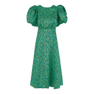 ROTATE BIRGER CHRISTENSEN ROTATE MIDI DRESS WITH MULTICOLOR FLORAL PRINT AND PUFFED SLEEVE