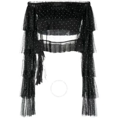 ROTATE BIRGER CHRISTENSEN ROTATE RHINESTONE-EMBELLISHED RUFFLED MESH CROPPED TOP