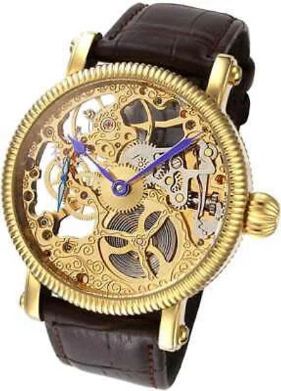 ROUGOIS ROUGOIS MECHANIQUE GOLD SKELETON WATCH BROWN LEATHER BAND