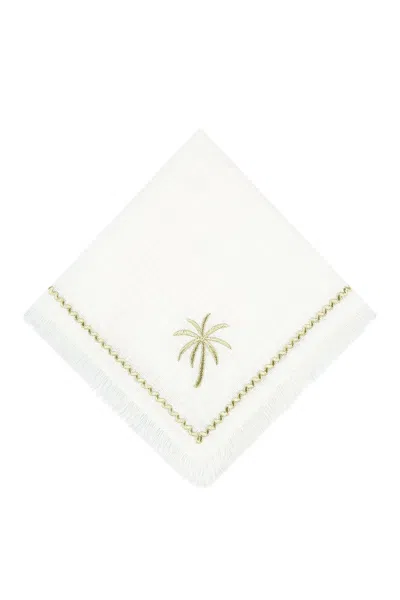 ROUMÉLIE ORIENTALE PURE LINEN, FRINGED TABLE NAPKIN SET OF FOUR - WHITE PALM CHARM