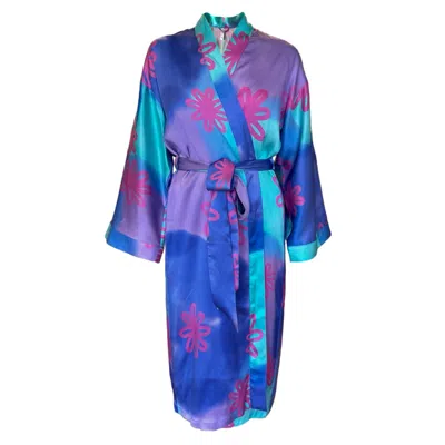 ROY G. WOMEN'S BLUE POOL WATERCOLOR FLORAL KIMONO ROBE
