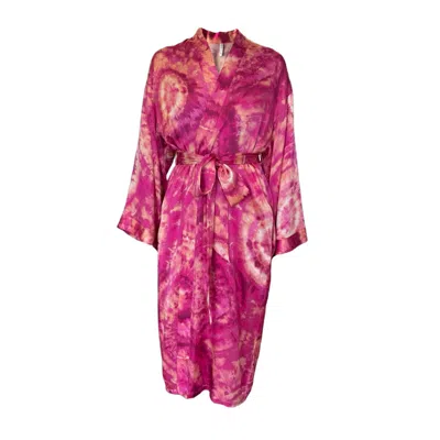 ROY G. WOMEN'S PINK ROSE GEODE TIE DYE SILK KIMONO ROBE