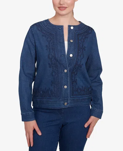 RUBY RD. PETITE DARK STRETCH DENIM EMBROIDERED JACKET