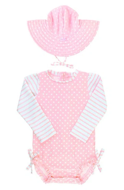 RUFFLEBUTTS RUFFLEBUTTS PINK POLKA DOT ONE-PIECE RASHGUARD SWIMSUIT & HAT SET