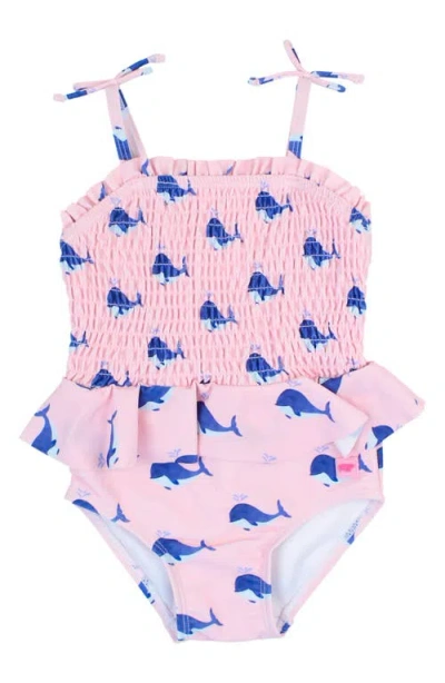 RUFFLEBUTTS RUFFLEBUTTS PINK WHALES SMOCKED ONE-PIECE SWIMSUIT