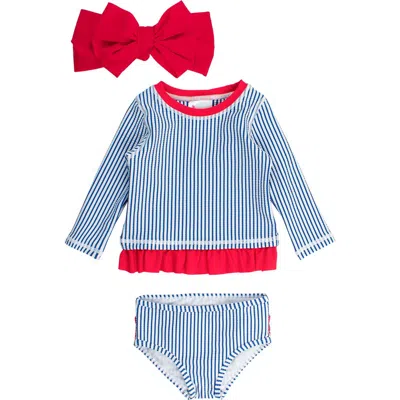 RUFFLEBUTTS RUFFLEBUTTS SEERSUCKER TWO-PIECE RASHGUARD SWIMSUIT & BOW HEADWRAP SET