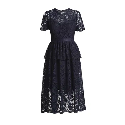 RUMOUR LONDON WOMEN'S BLUE LUCIA LACE MIDI DRESS WITH PEPLUM IN NAVY