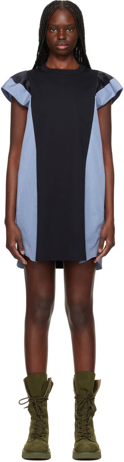 SACAI BLACK & NAVY POPLIN & COTTON JERSEY MINIDRESS