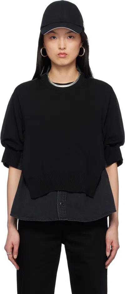 SACAI BLACK DENIM MIX KNIT PULLOVER SWEATER