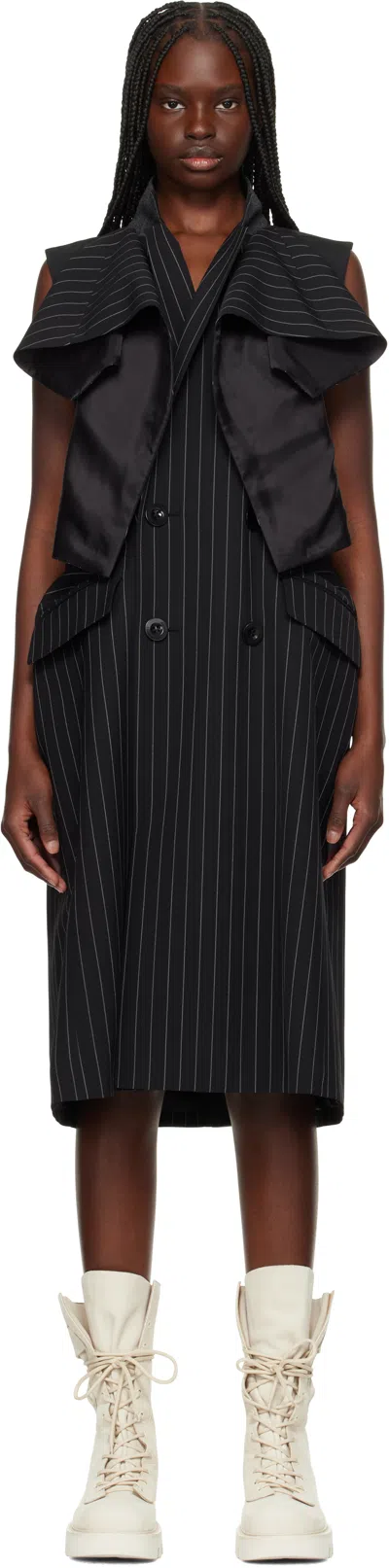 SACAI BLACK WOOL SILK SUITING MIDI DRESS