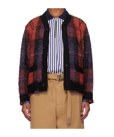 SACAI CHECKED KNITTED CARDIGAN
