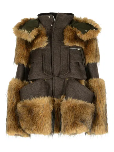 SACAI FUR-TRIMMED WOOL JACKET