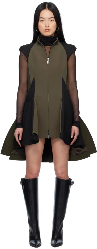 SACAI KHAKI & BLACK MATELASSE TWILL MIX MINIDRESS