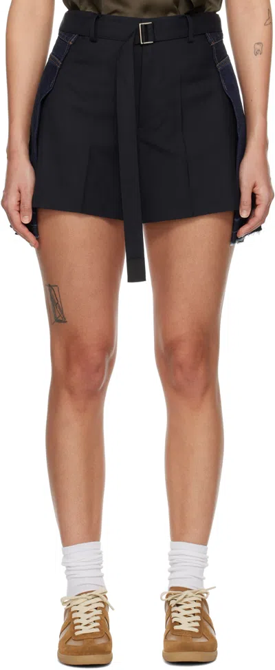 SACAI NAVY & BLUE PANELED DENIM SHORTS