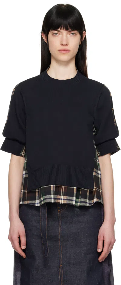 SACAI NAVY & GREEN PLAID PRINT & KNIT SWEATER