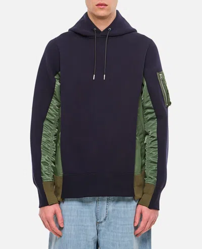 SACAI TERRY SWEATSHIRT WITH TWILL AND NYLON HOOD