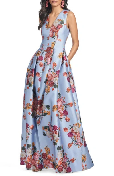 SACHIN & BABI SACHIN & BABI BROOKE FLORAL SLEEVELESS MIKADO GOWN