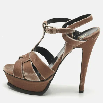 SAINT LAURENT SAINT LAURENT BEIGE VELVET ANKLE STRAP SANDALS SIZE 37