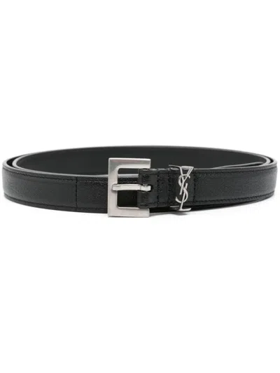 SAINT LAURENT MEN BLACK SQUARED BUCKLE CASSANDRE THIN BELT, 32 LUXURY BELTS FOR MEN DARVEYS