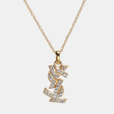 SAINT LAURENT GOLD TONE CRYSTAL LOGO NECKLACE