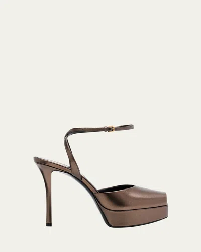 SAINT LAURENT LA SCANDALE METALLIC LEATHER ANKLE-STRAP SANDALS