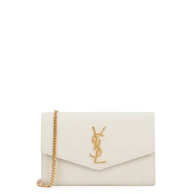 SAINT LAURENT SAINT LAURENT LEATHER WALLET-ON-CHAIN, WALLET BAG, WHITE, LEATHER