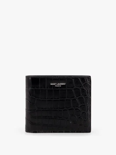 SAINT LAURENT LEATHER WALLET WITH EMBOSSED LETTERING LOGO ON THE FRONT