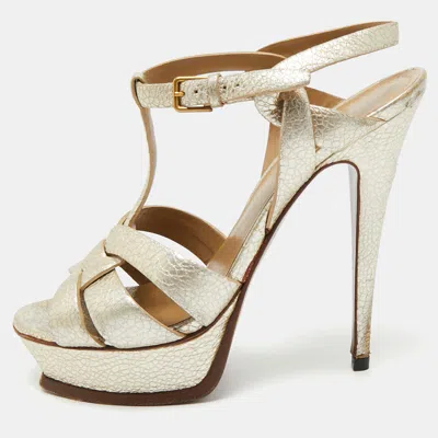 SAINT LAURENT METALLIC LEATHER TRIBUTE PLATFORM SANDALS SIZE 38