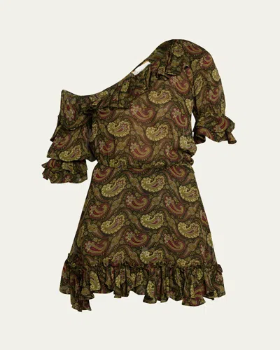 SAINT LAURENT PAISLEY OFF-THE-SHOULDER MINI RUFFLED DRESS