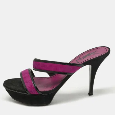 SAINT LAURENT PURPLE/BLACK PATENT LEATHER AND SUEDE SLIDE SANDALS SIZE 38.5