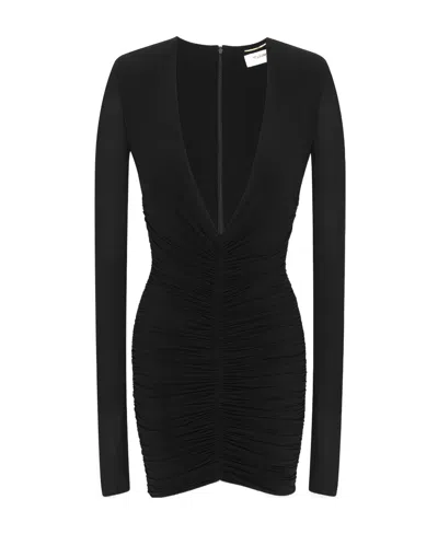 SAINT LAURENT SAINT LAURENT DRAPED V-NECK LONG-SLEEVED DRESS