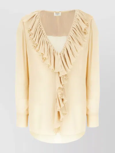 SAINT LAURENT SILK RUFFLED V-NECK LONG-SLEEVE BLOUSE
