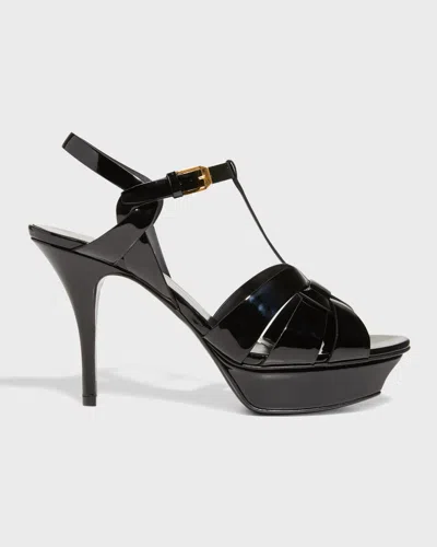 SAINT LAURENT TRIBUTE PATENT T-STRAP PLATFORM SANDALS
